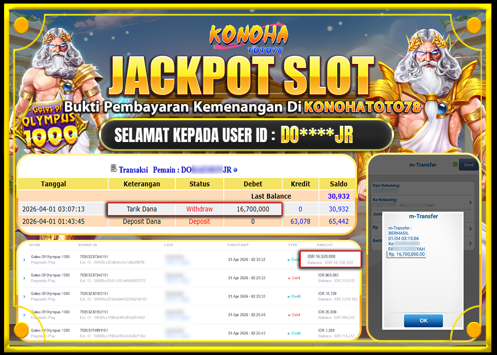 KONOHATOTO78 JACKPOT GATES OF OLYMPUS 1000 Rp.16.700.000-LUNAS